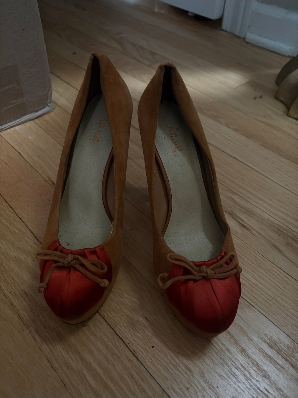 Tan Suede Pumps with Red Satin Cap Toe and Bow